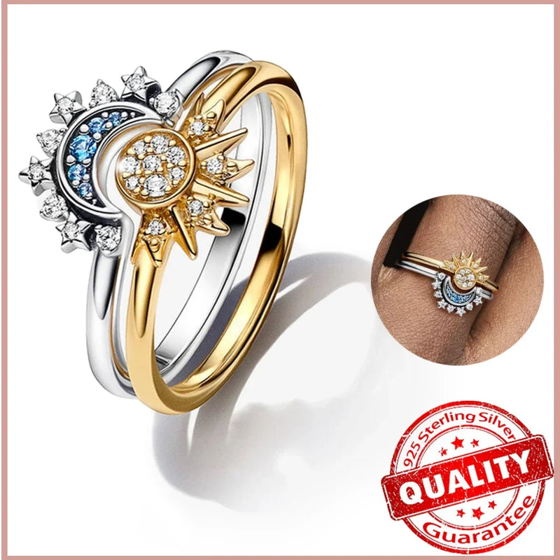 Conjunto de anel de prata esterlina dourado celestial sol e lua
