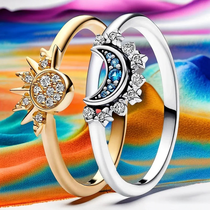 Conjunto de anel de prata esterlina dourado celestial sol e lua